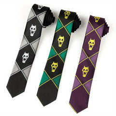 Bizarre Anime-Inspired Skull Head Tie – Purple, Black, and Green Handmade Necktie